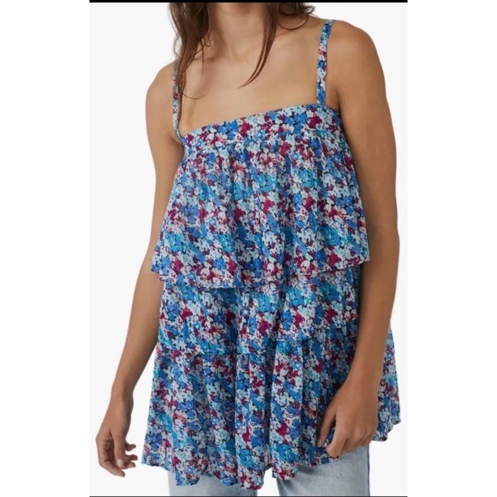 Free People Talia Blue Combo 100%‎ Cotton Tank Tunic Boho Feminine Size Small